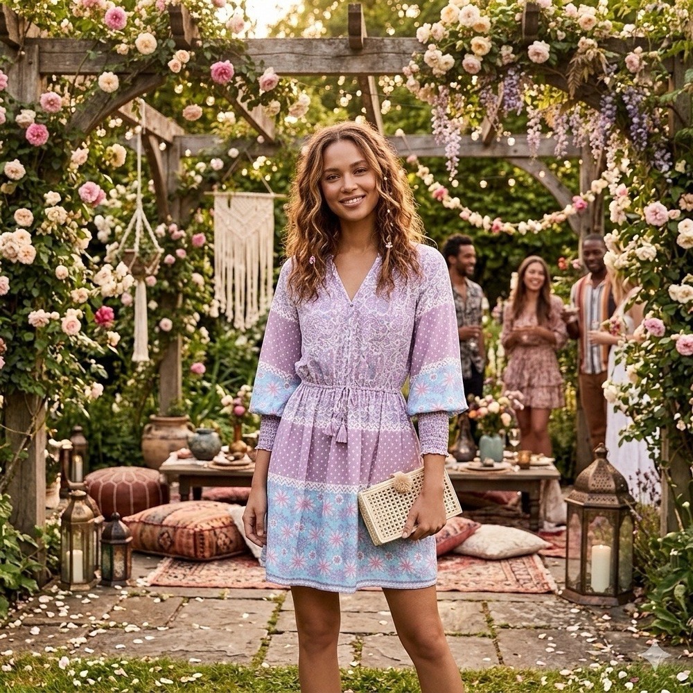 Shoshanna Floral Long Sleeve Mini Dress  Boho Mixed Print Smocked 8